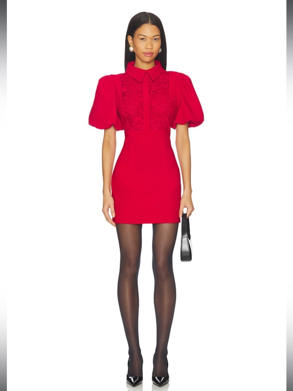elliatt june red puff sleeve collared lace panel detail mini dress size small